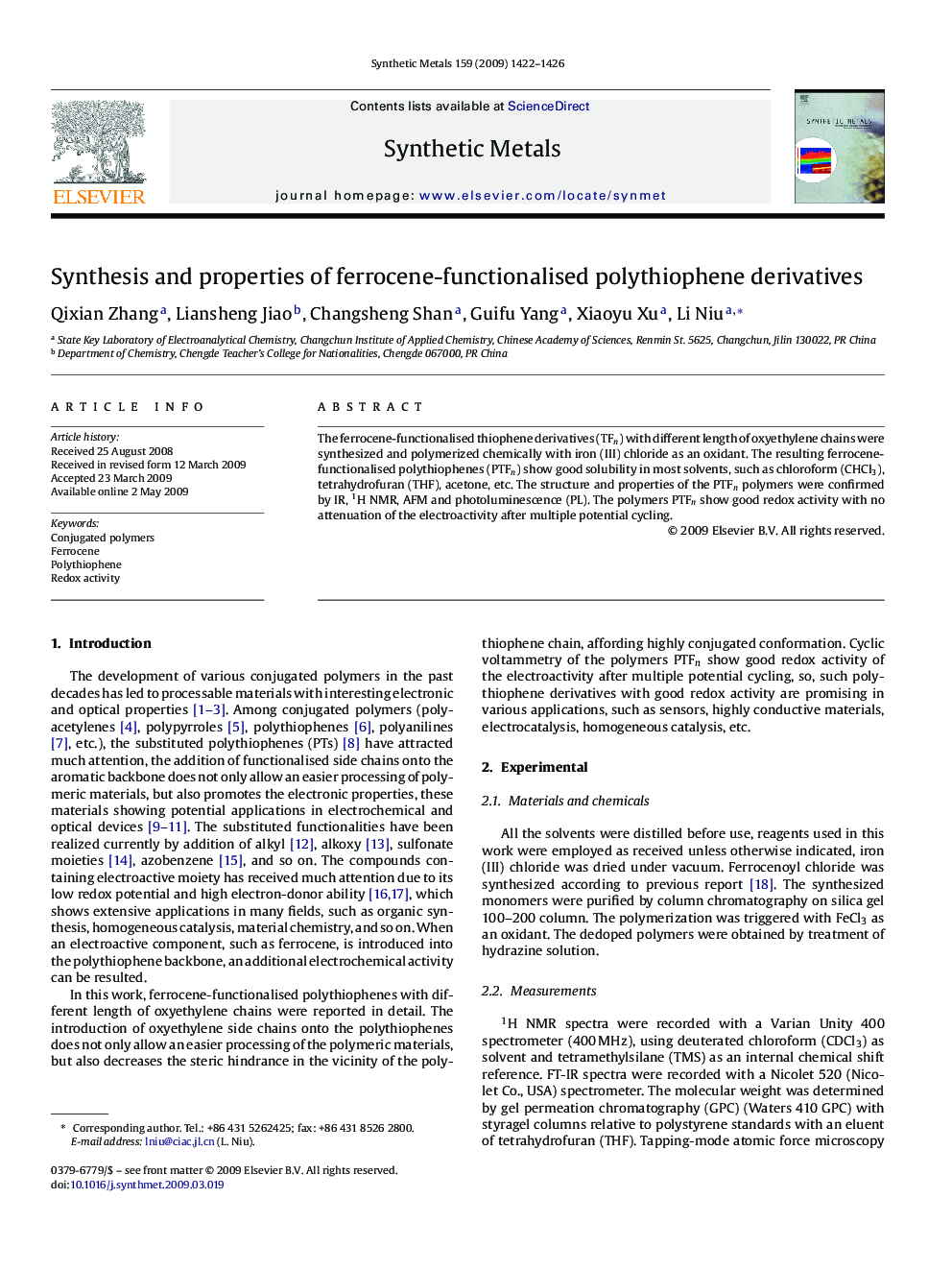 Synthesis and properties of ferrocene-functionalised polythiophene derivatives