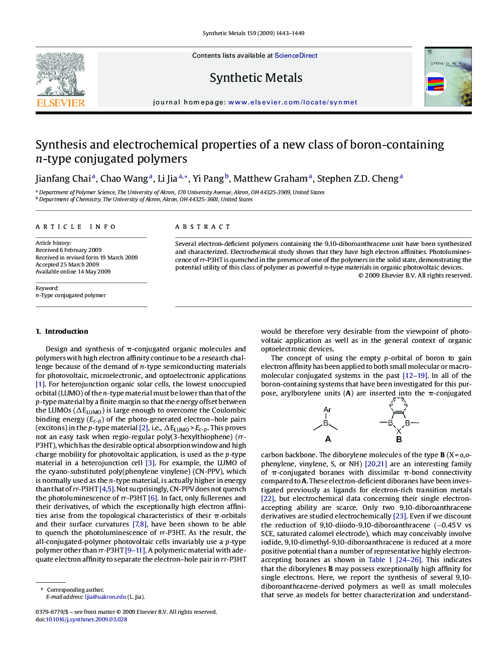 Synthesis and electrochemical properties of a new class of boron-containing n-type conjugated polymers