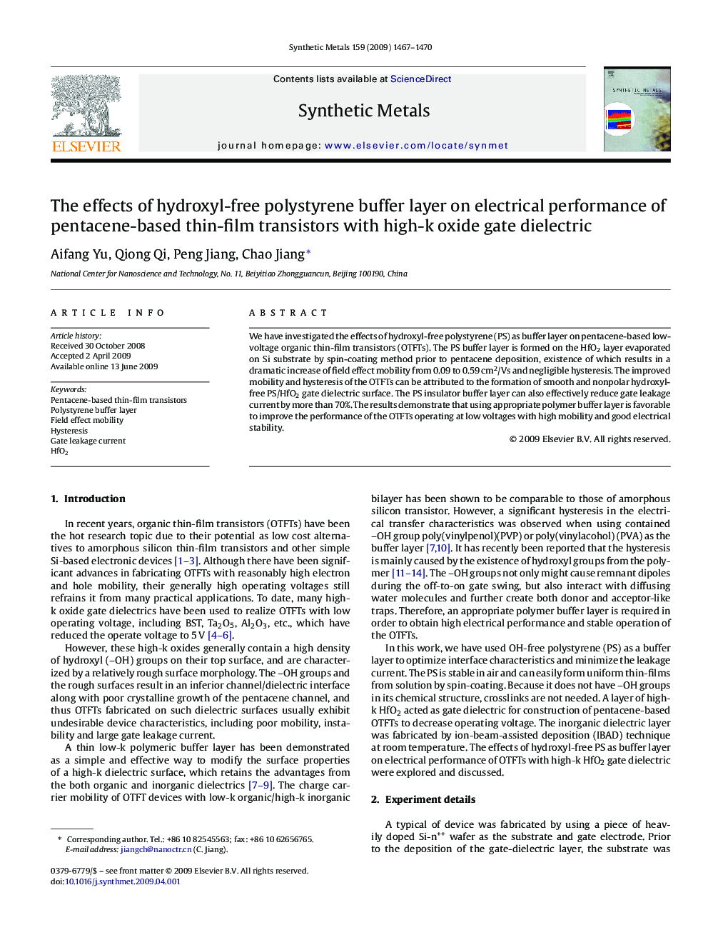 The effects of hydroxyl-free polystyrene buffer layer on electrical performance of pentacene-based thin-film transistors with high-k oxide gate dielectric