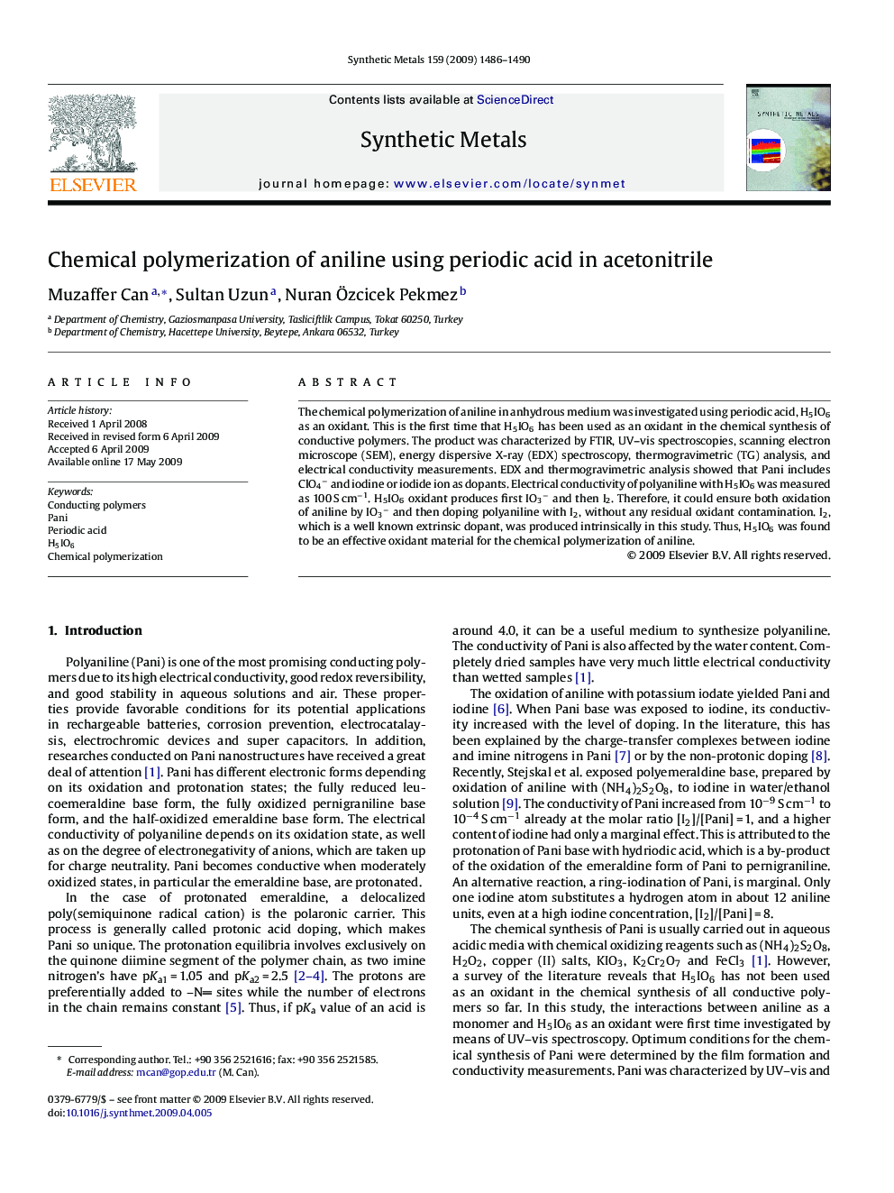 Chemical polymerization of aniline using periodic acid in acetonitrile