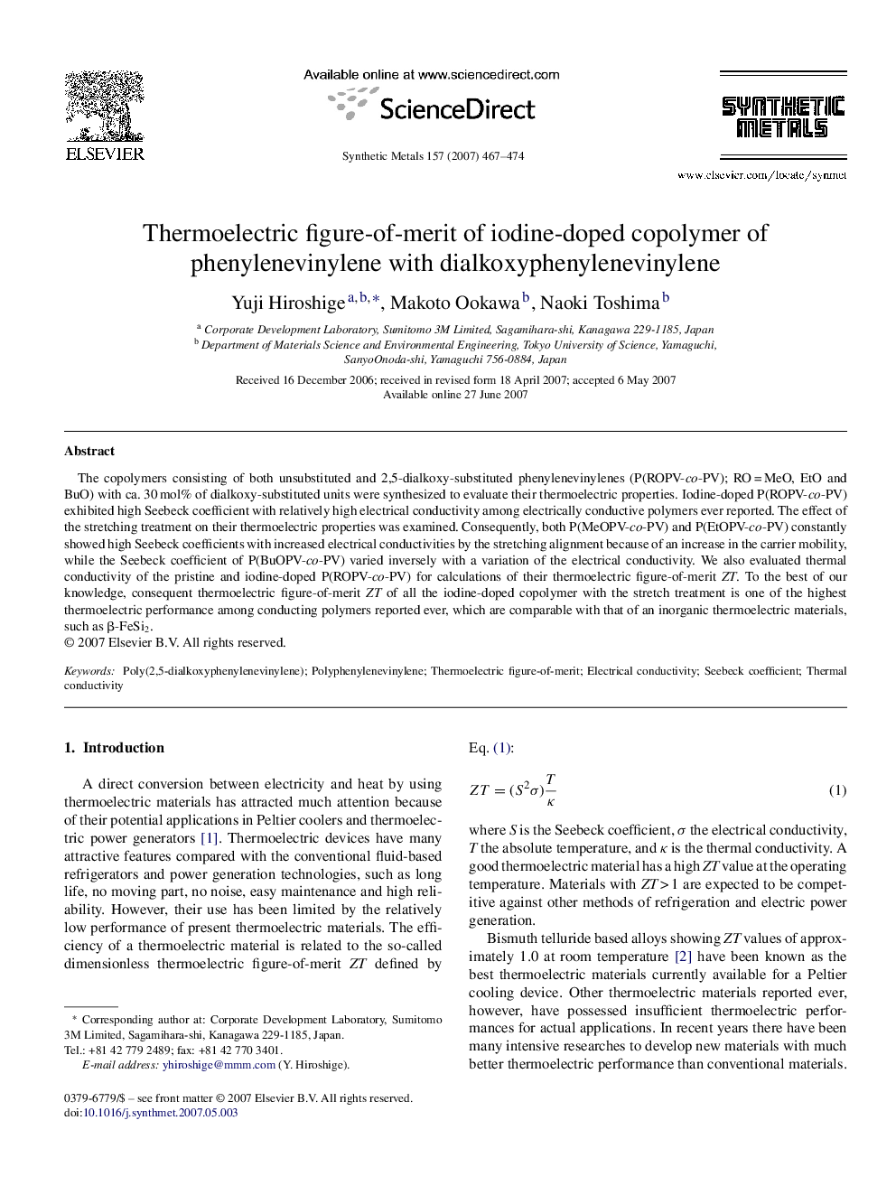 Thermoelectric figure-of-merit of iodine-doped copolymer of phenylenevinylene with dialkoxyphenylenevinylene