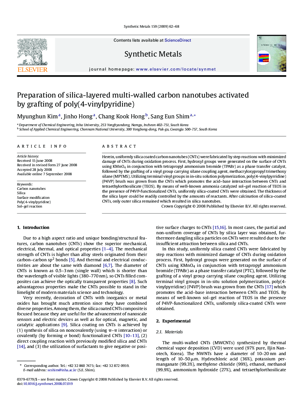 Preparation of silica-layered multi-walled carbon nanotubes activated by grafting of poly(4-vinylpyridine)