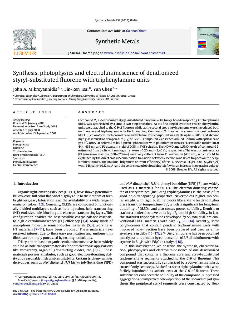 Synthesis, photophysics and electroluminescence of dendronized styryl-substituted fluorene with triphenylamine units