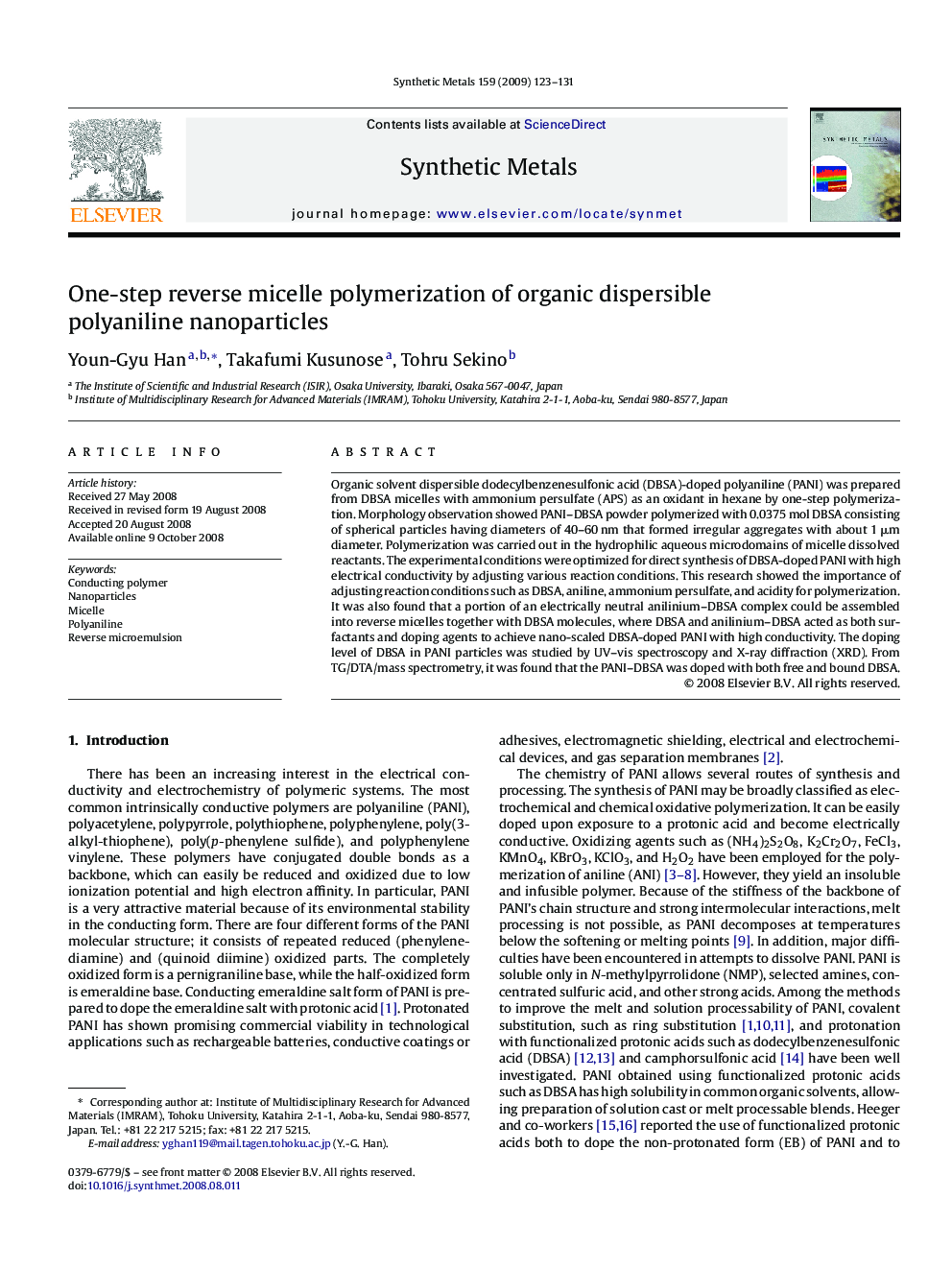 One-step reverse micelle polymerization of organic dispersible polyaniline nanoparticles