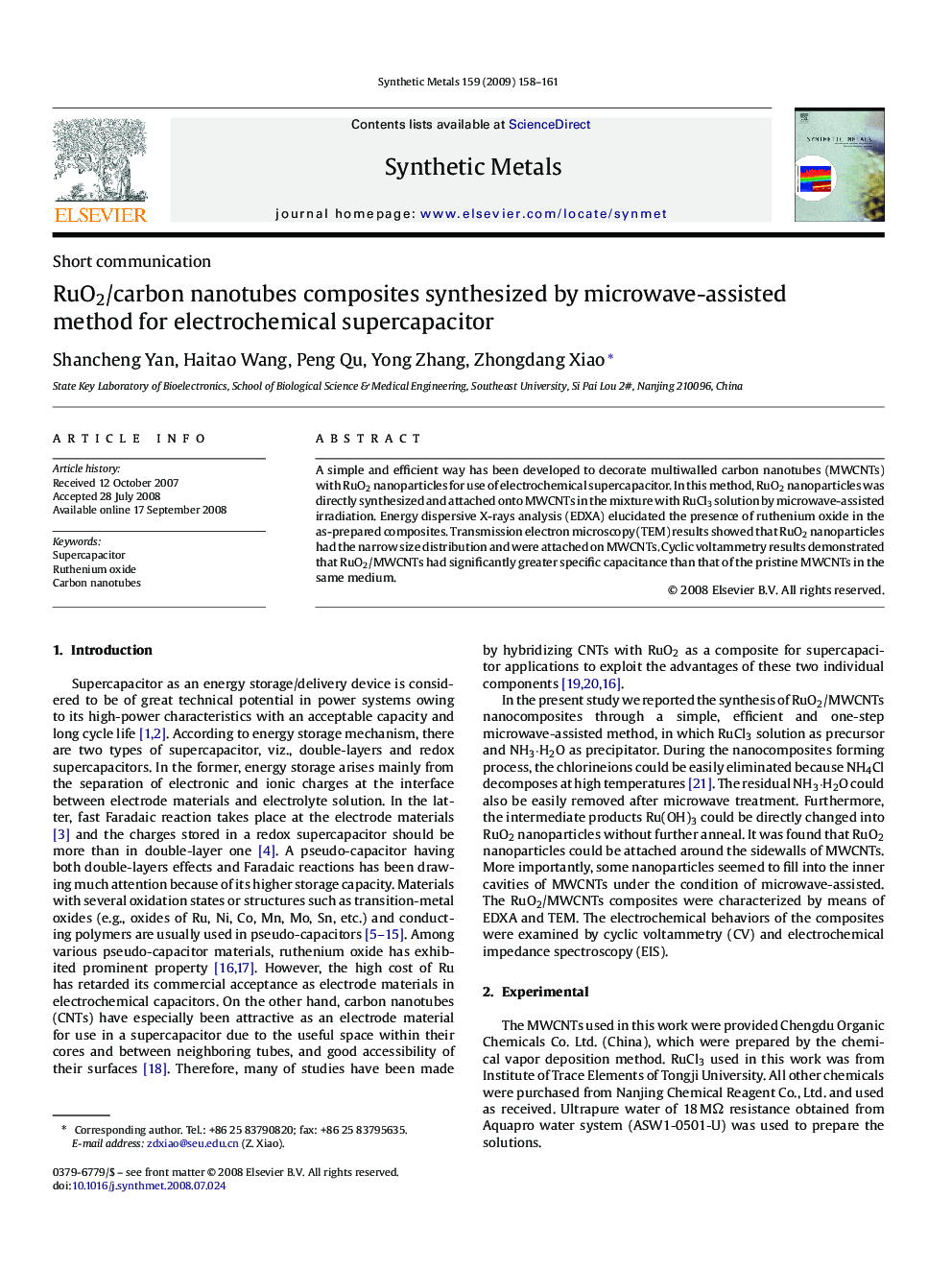 RuO2/carbon nanotubes composites synthesized by microwave-assisted method for electrochemical supercapacitor