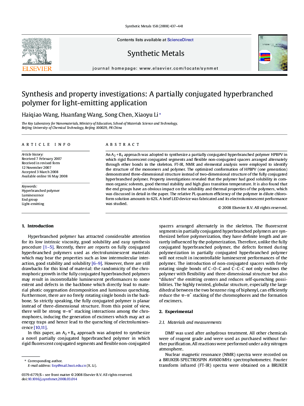 Synthesis and property investigations: A partially conjugated hyperbranched polymer for light-emitting application