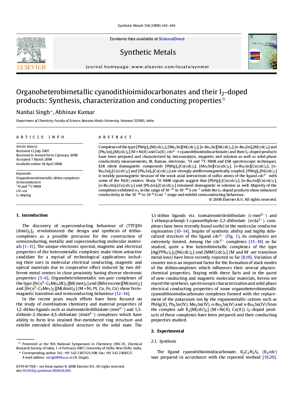 Organoheterobimetallic cyanodithioimidocarbonates and their I2-doped products: Synthesis, characterization and conducting properties