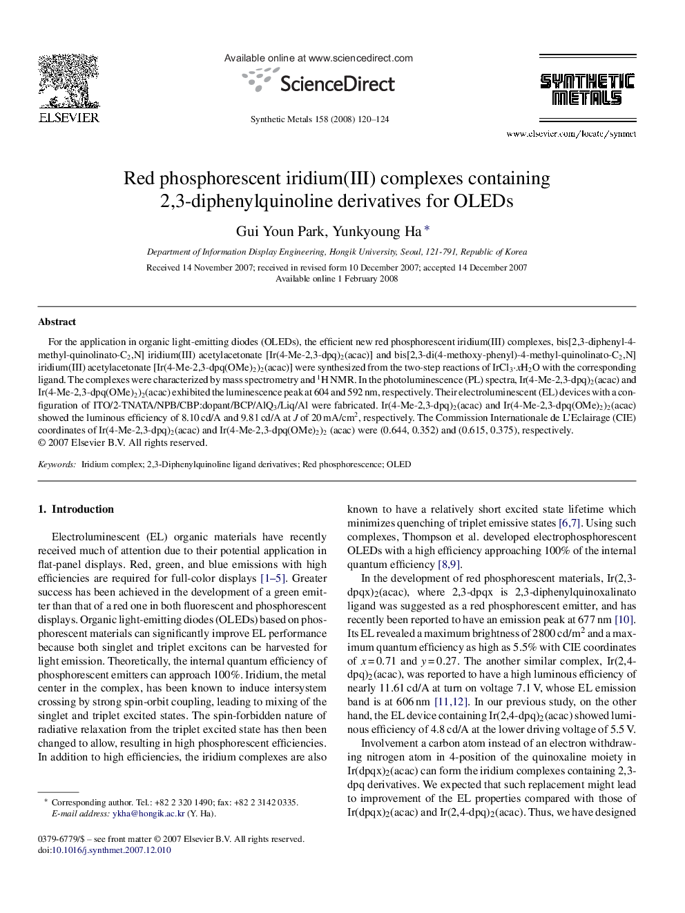 Red phosphorescent iridium(III) complexes containing 2,3-diphenylquinoline derivatives for OLEDs