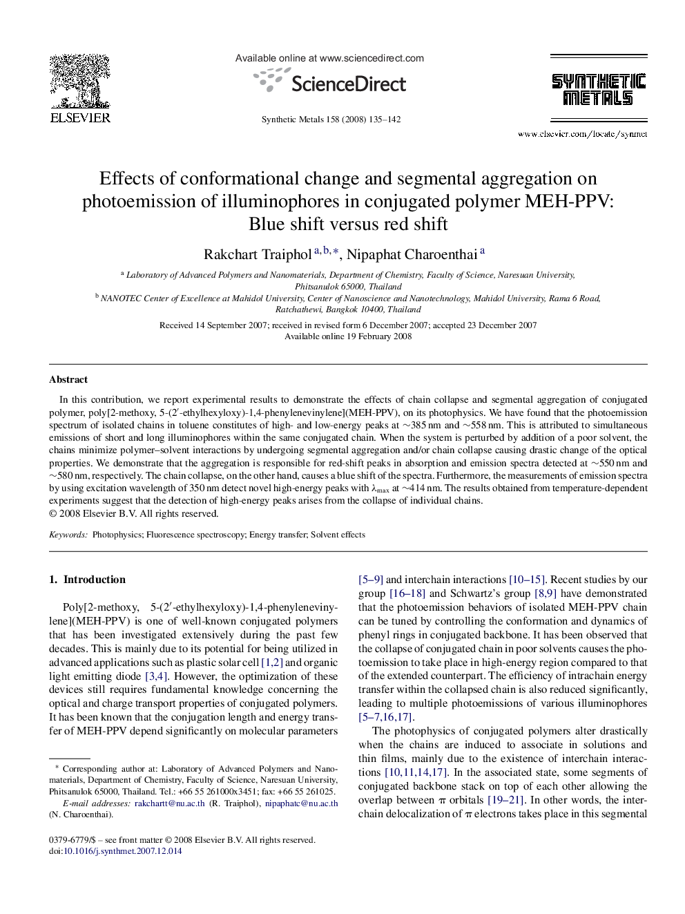 Effects of conformational change and segmental aggregation on photoemission of illuminophores in conjugated polymer MEH-PPV: Blue shift versus red shift