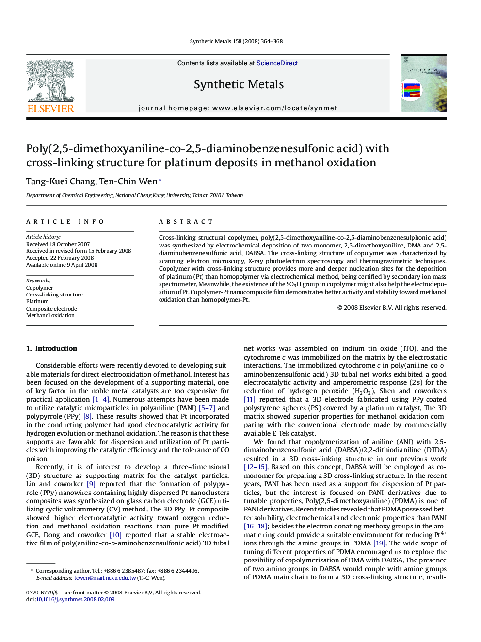 Poly(2,5-dimethoxyaniline-co-2,5-diaminobenzenesulfonic acid) with cross-linking structure for platinum deposits in methanol oxidation