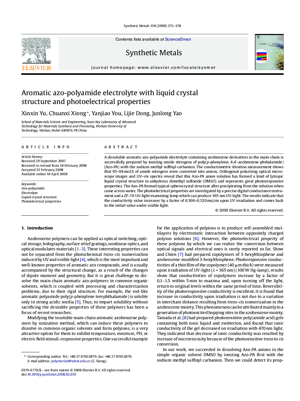 Aromatic azo-polyamide electrolyte with liquid crystal structure and photoelectrical properties