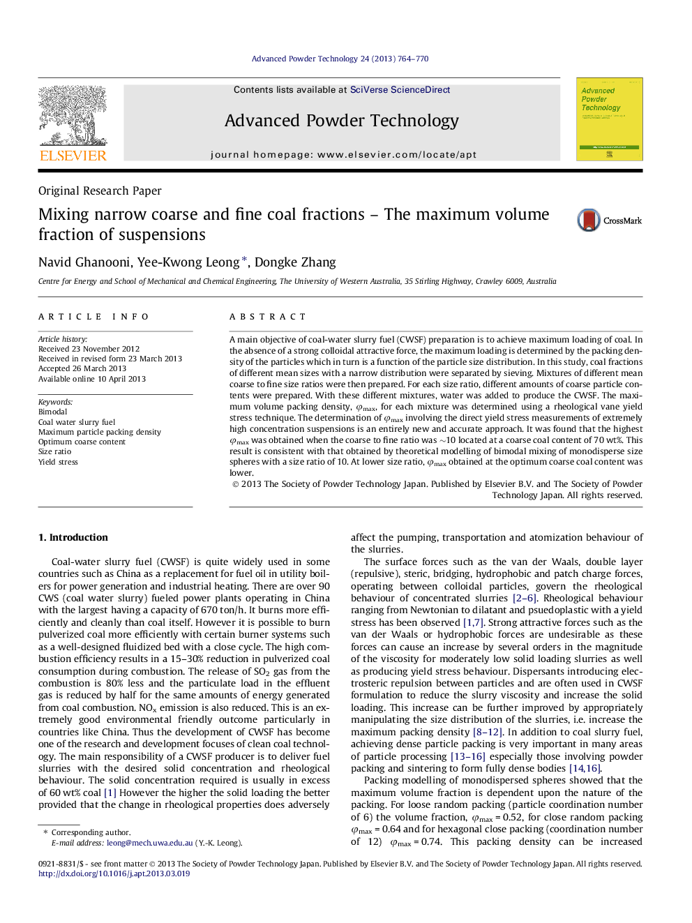 Mixing narrow coarse and fine coal fractions – The maximum volume fraction of suspensions