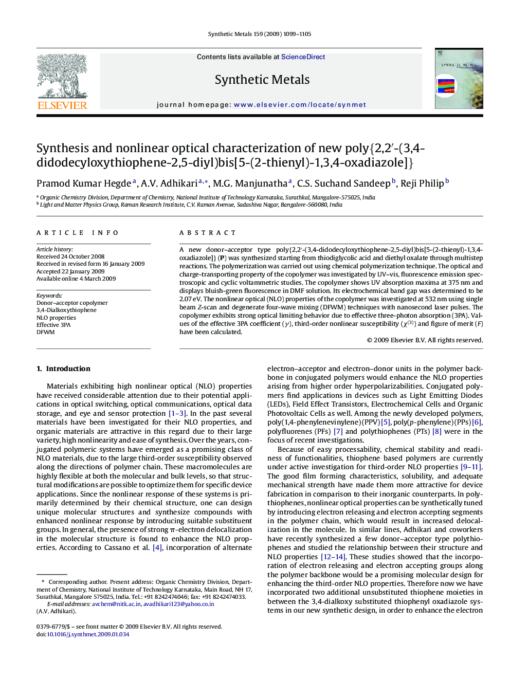 Synthesis and nonlinear optical characterization of new poly{2,2′-(3,4-didodecyloxythiophene-2,5-diyl)bis[5-(2-thienyl)-1,3,4-oxadiazole]}