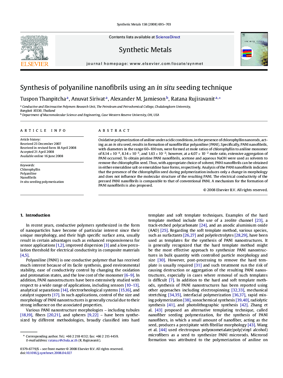 Synthesis of polyaniline nanofibrils using an in situ seeding technique