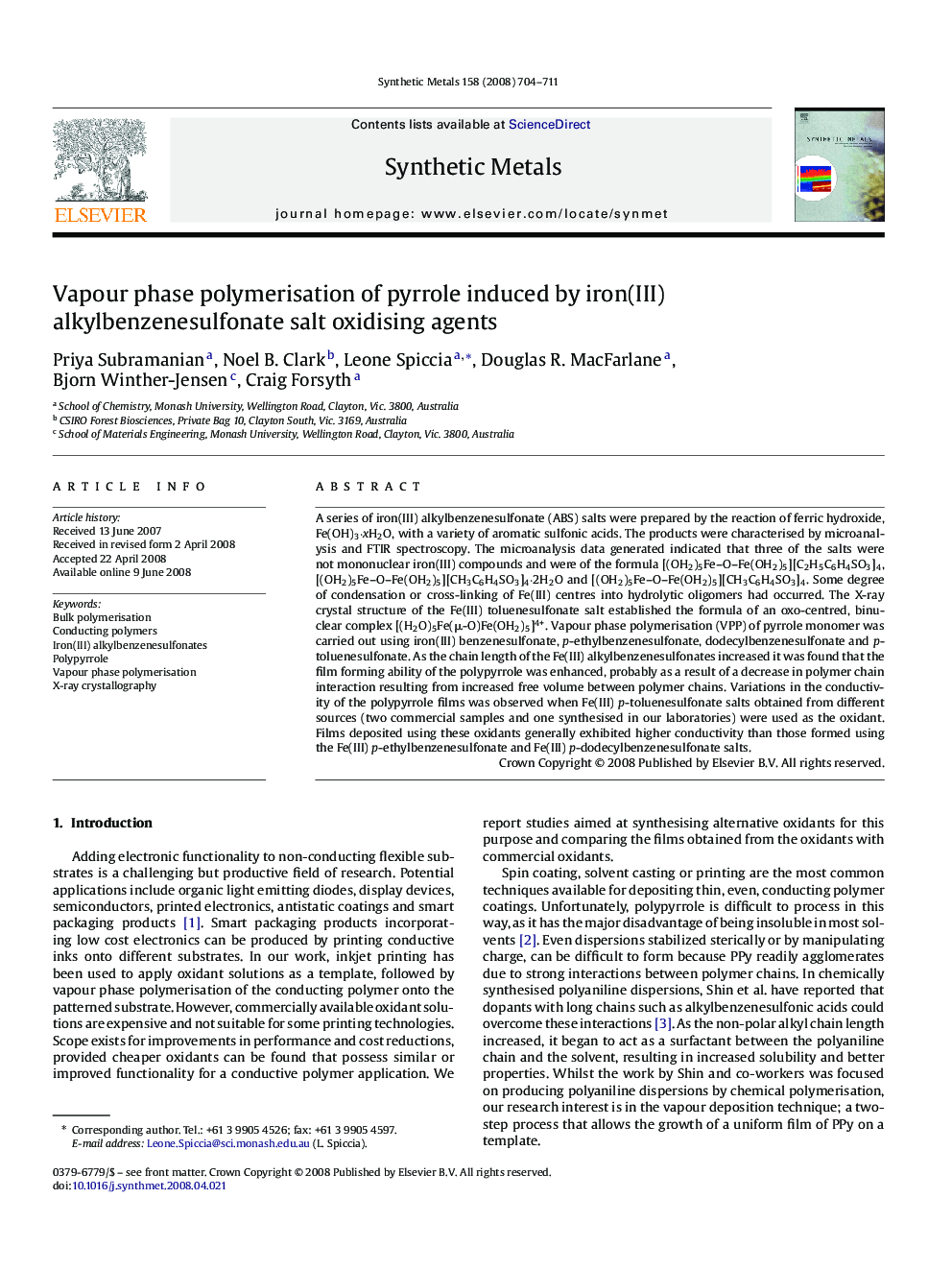 Vapour phase polymerisation of pyrrole induced by iron(III) alkylbenzenesulfonate salt oxidising agents