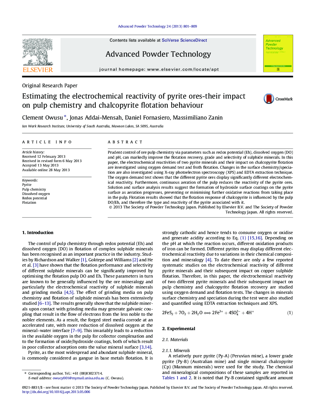 Estimating the electrochemical reactivity of pyrite ores-their impact on pulp chemistry and chalcopyrite flotation behaviour