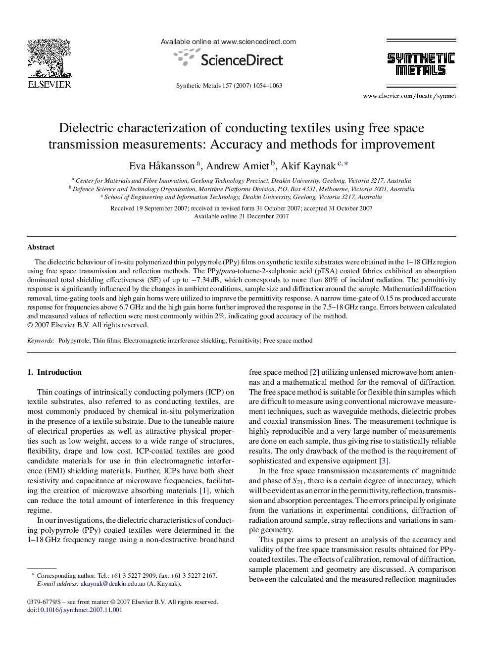 Dielectric characterization of conducting textiles using free space transmission measurements: Accuracy and methods for improvement