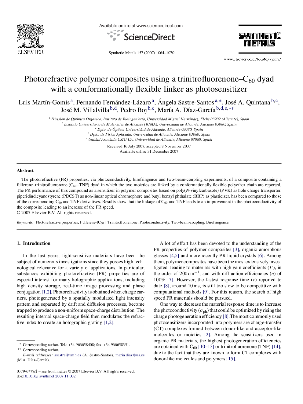 Photorefractive polymer composites using a trinitrofluorenone-C60 dyad with a conformationally flexible linker as photosensitizer