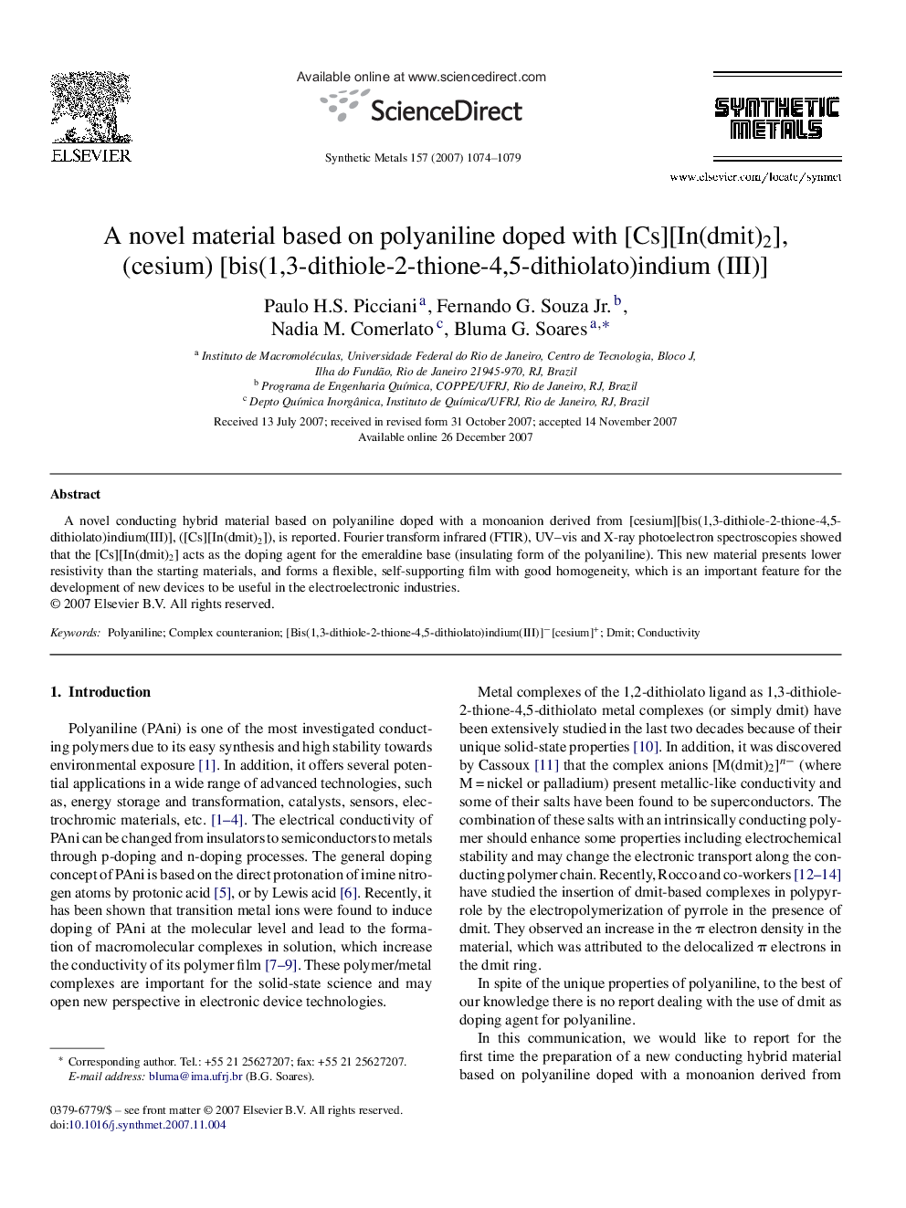 A novel material based on polyaniline doped with [Cs][In(dmit)2], (cesium) [bis(1,3-dithiole-2-thione-4,5-dithiolato)indium (III)]