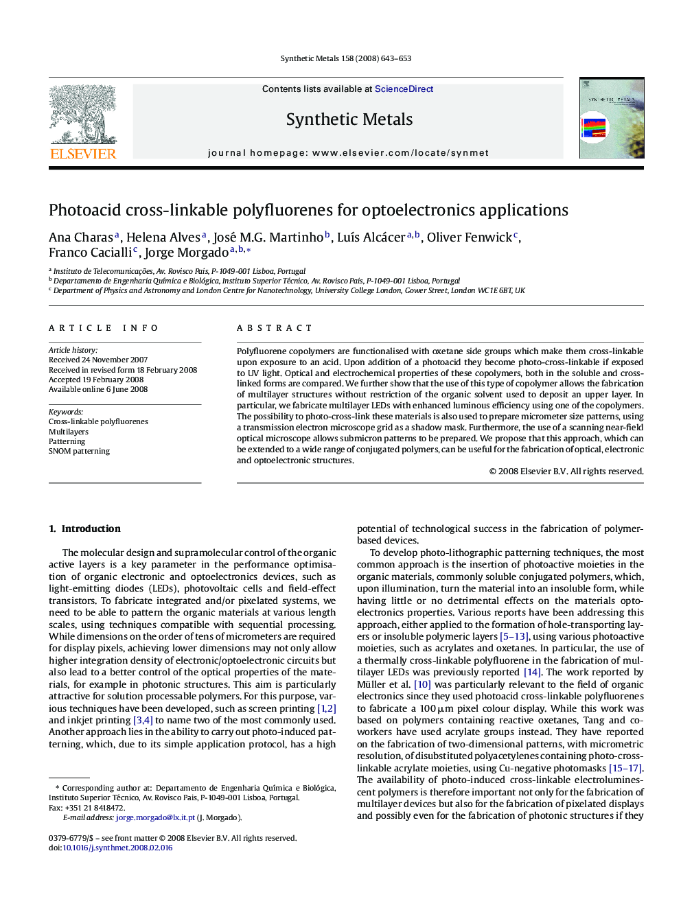 Photoacid cross-linkable polyfluorenes for optoelectronics applications