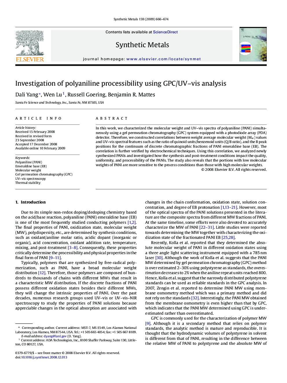 Investigation of polyaniline processibility using GPC/UV–vis analysis