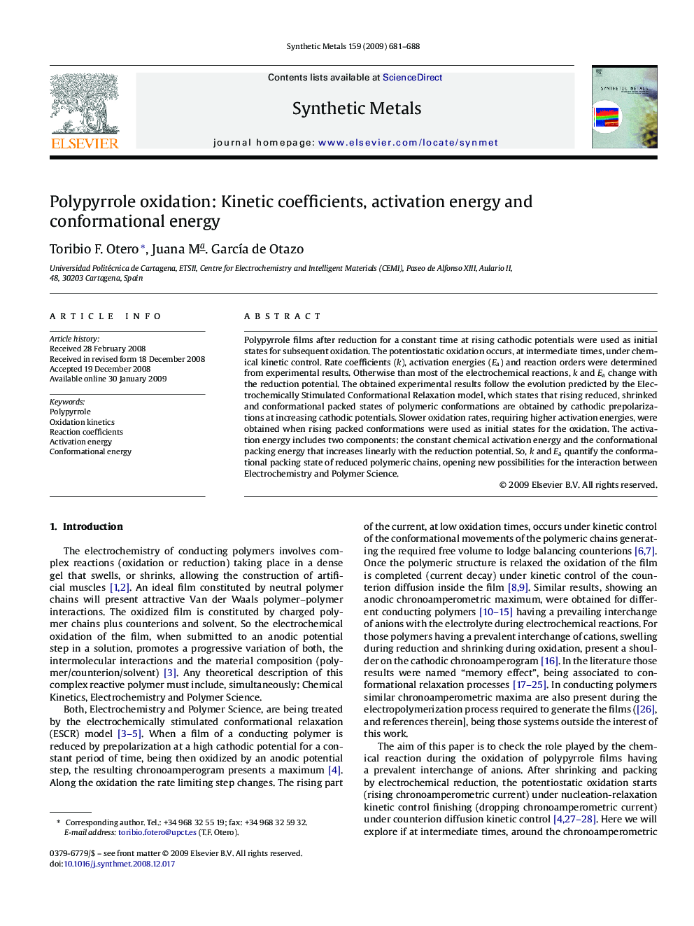 Polypyrrole oxidation: Kinetic coefficients, activation energy and conformational energy