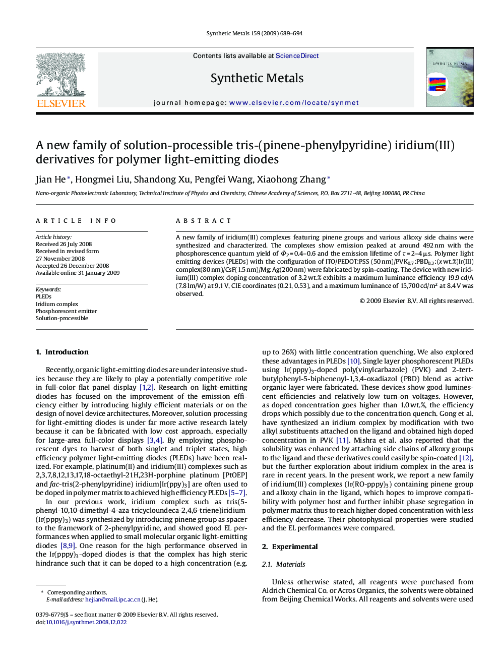 A new family of solution-processible tris-(pinene-phenylpyridine) iridium(III) derivatives for polymer light-emitting diodes