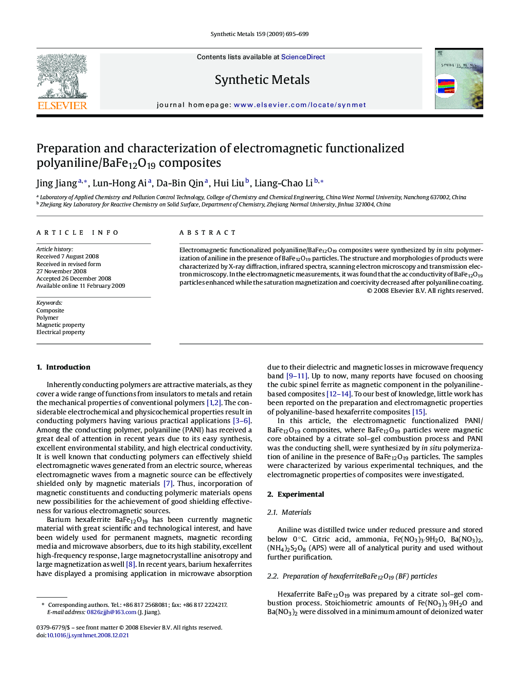 Preparation and characterization of electromagnetic functionalized polyaniline/BaFe12O19 composites