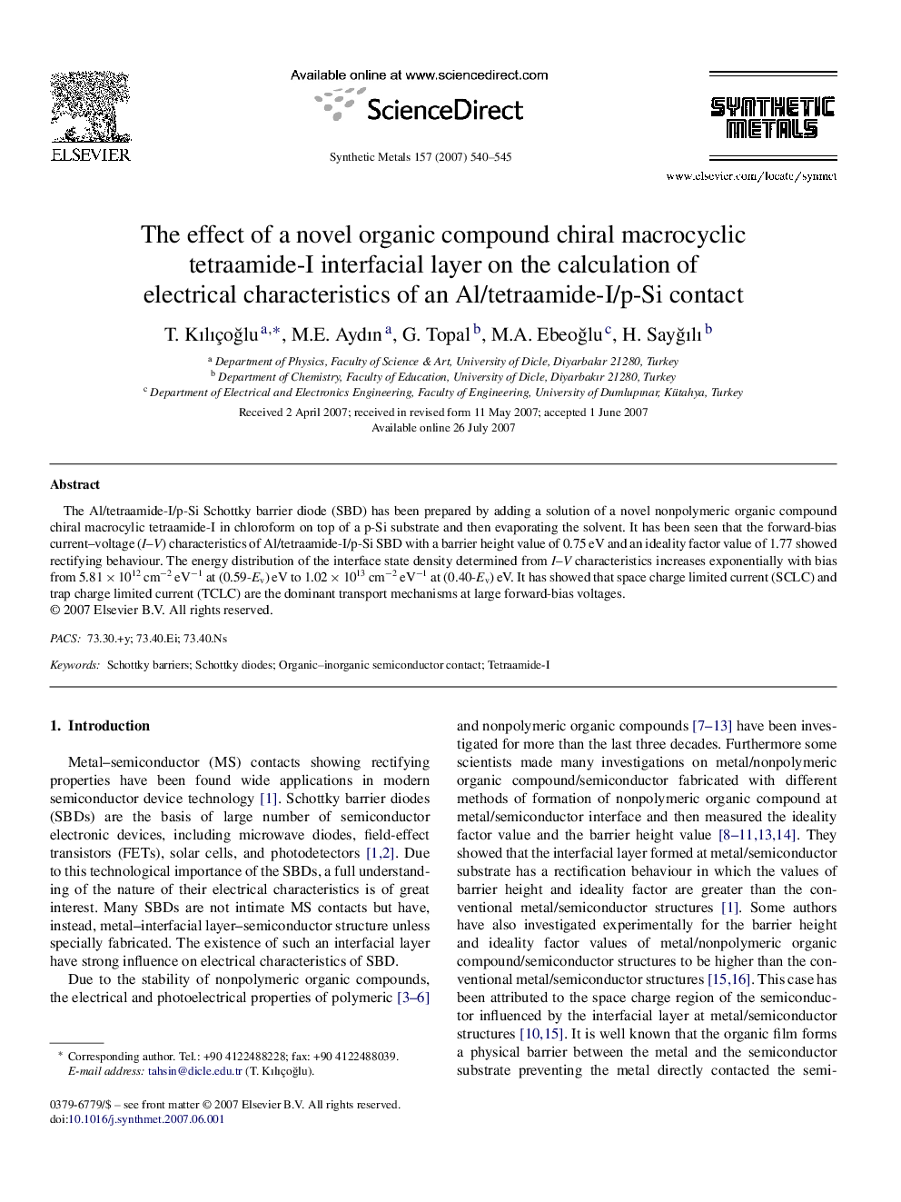 The effect of a novel organic compound chiral macrocyclic tetraamide-I interfacial layer on the calculation of electrical characteristics of an Al/tetraamide-I/p-Si contact