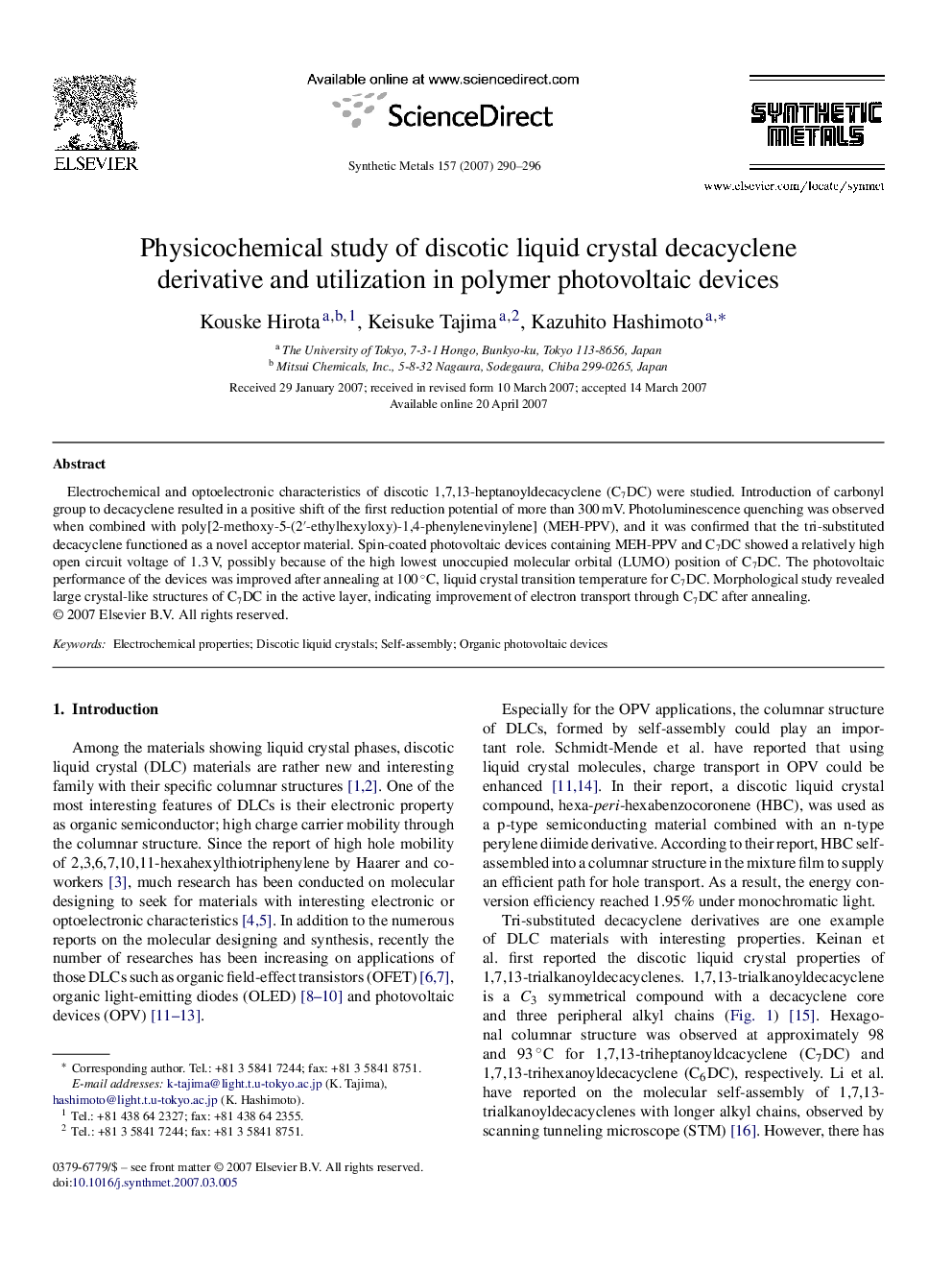 Physicochemical study of discotic liquid crystal decacyclene derivative and utilization in polymer photovoltaic devices