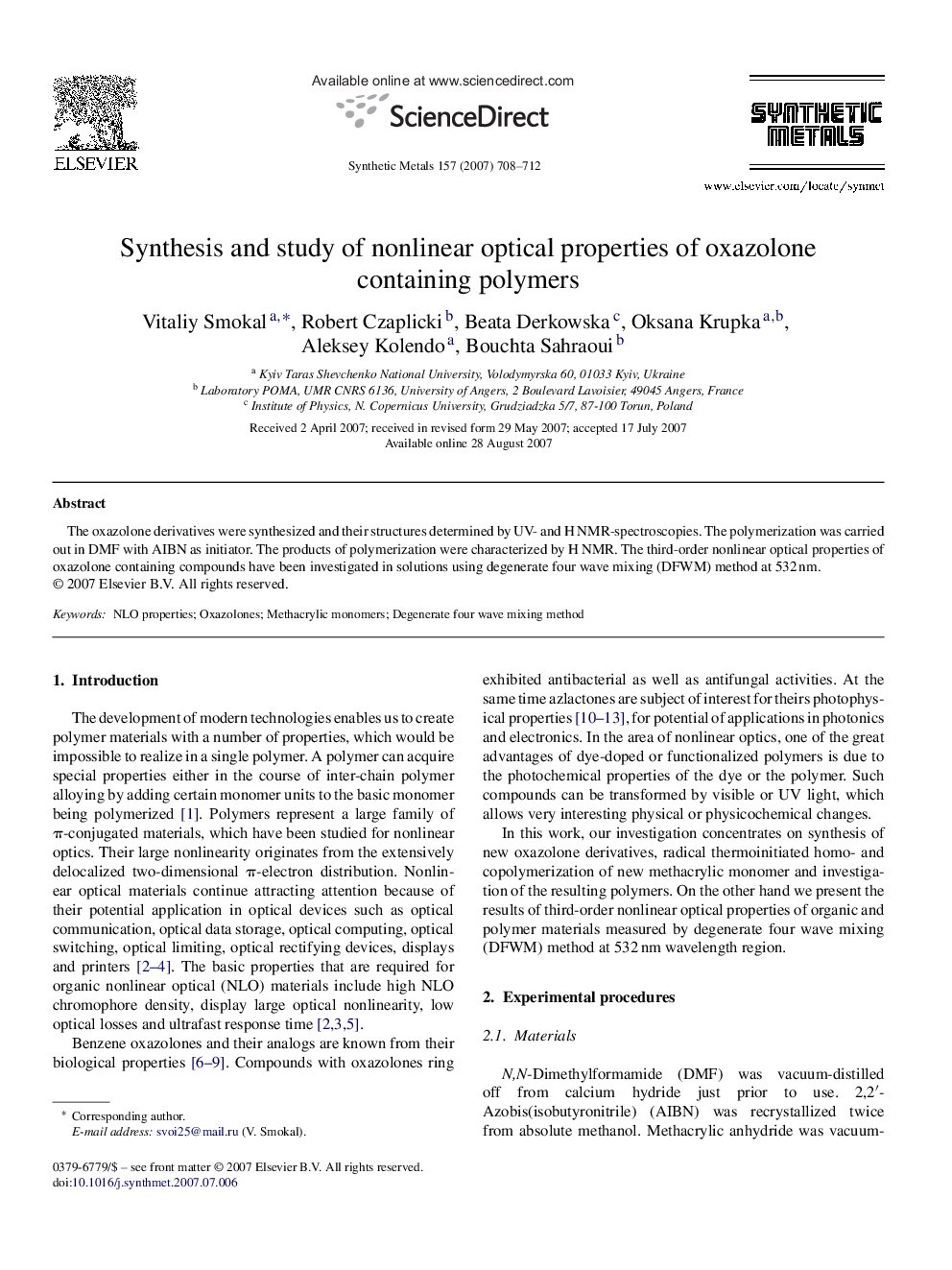 Synthesis and study of nonlinear optical properties of oxazolone containing polymers