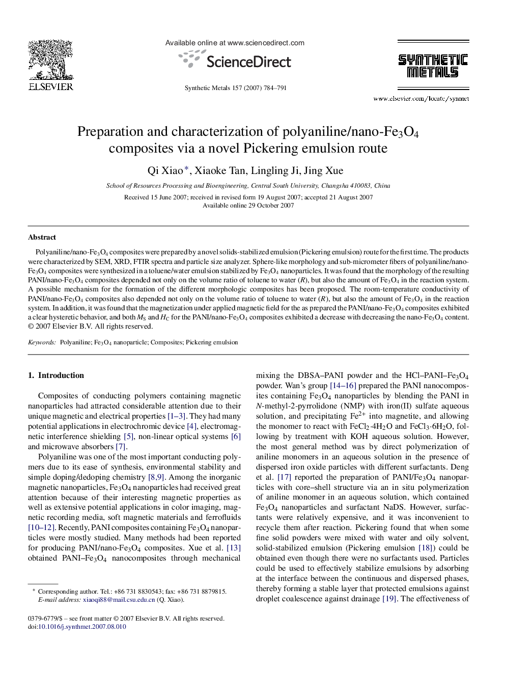 Preparation and characterization of polyaniline/nano-Fe3O4 composites via a novel Pickering emulsion route