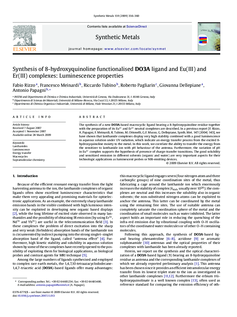 Synthesis of 8-hydroxyquinoline functionalised DO3A ligand and Eu(III) and Er(III) complexes: Luminescence properties