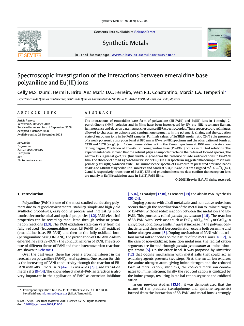 Spectroscopic investigation of the interactions between emeraldine base polyaniline and Eu(III) ions