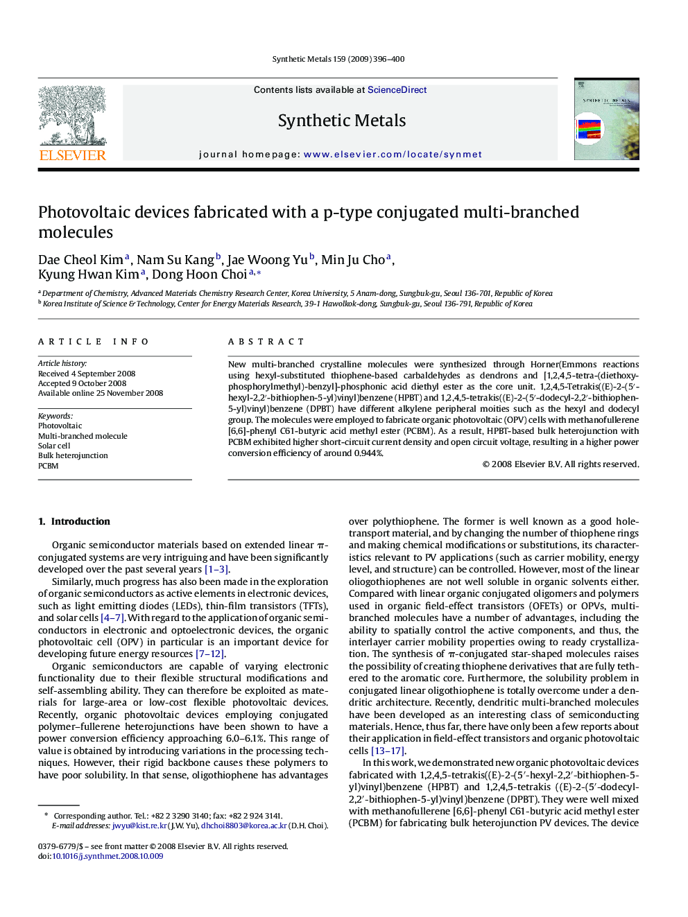 Photovoltaic devices fabricated with a p-type conjugated multi-branched molecules