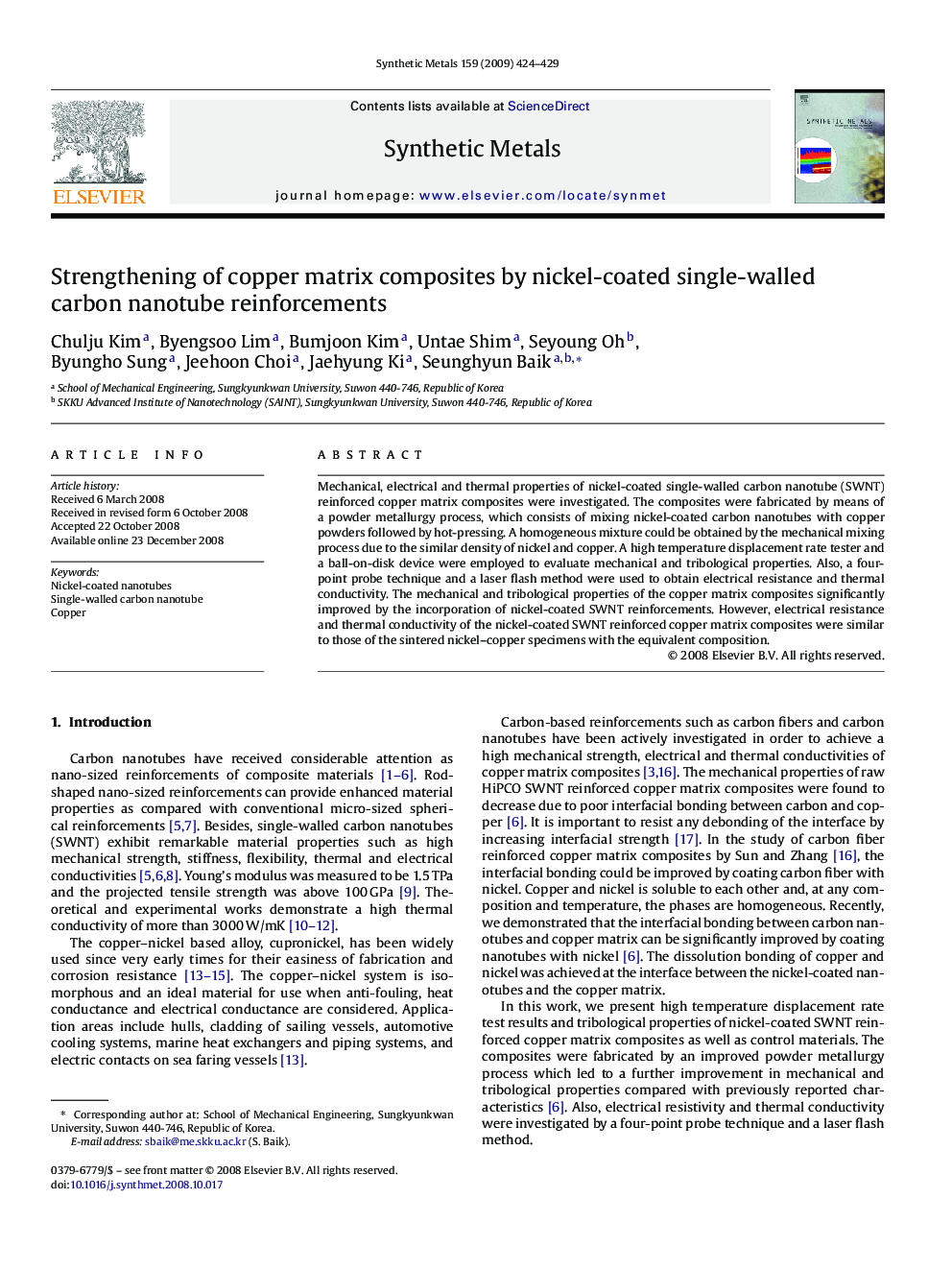 Strengthening of copper matrix composites by nickel-coated single-walled carbon nanotube reinforcements