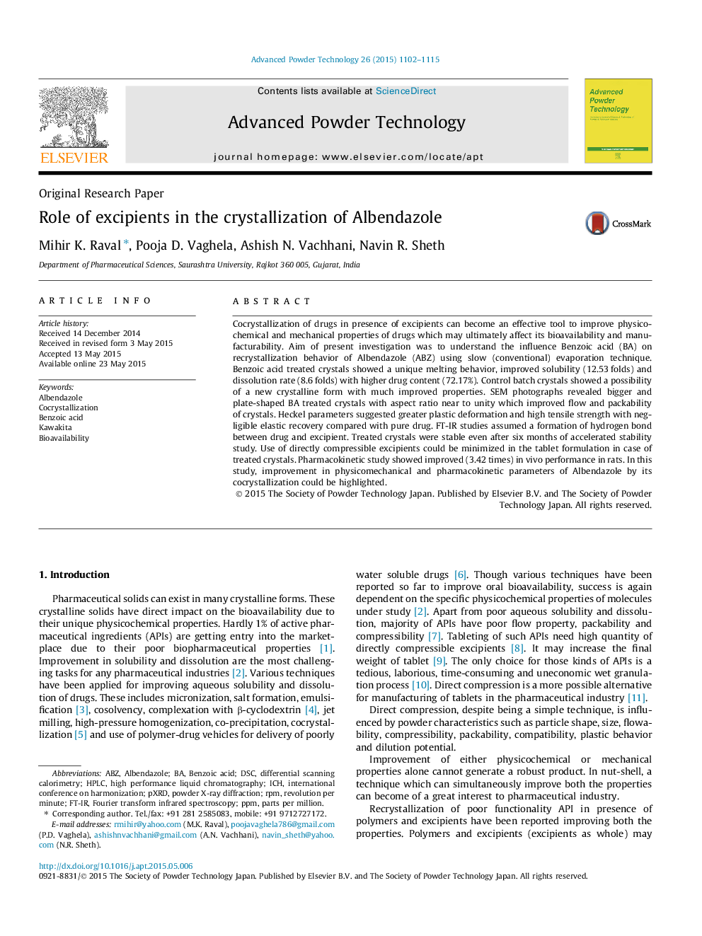 Role of excipients in the crystallization of Albendazole