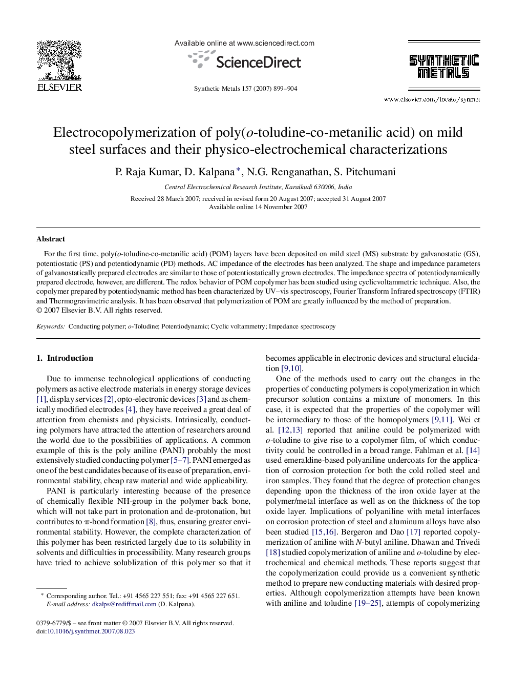 عکس صفحه اول مقاله: Electrocopolymerization of poly(o-toludine-co-metanilic acid) on mild steel surfaces and their physico-electrochemical characterizations Electrocopolymerization of poly(o-toludine-co-metanilic acid) on mild steel surfaces and their physico-electrochemical characterizations