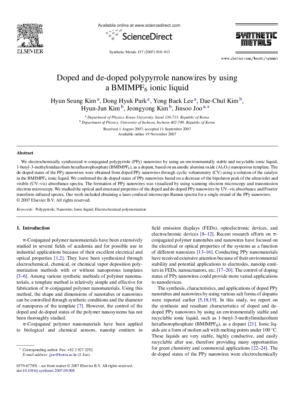 Doped and de-doped polypyrrole nanowires by using a BMIMPF6 ionic liquid