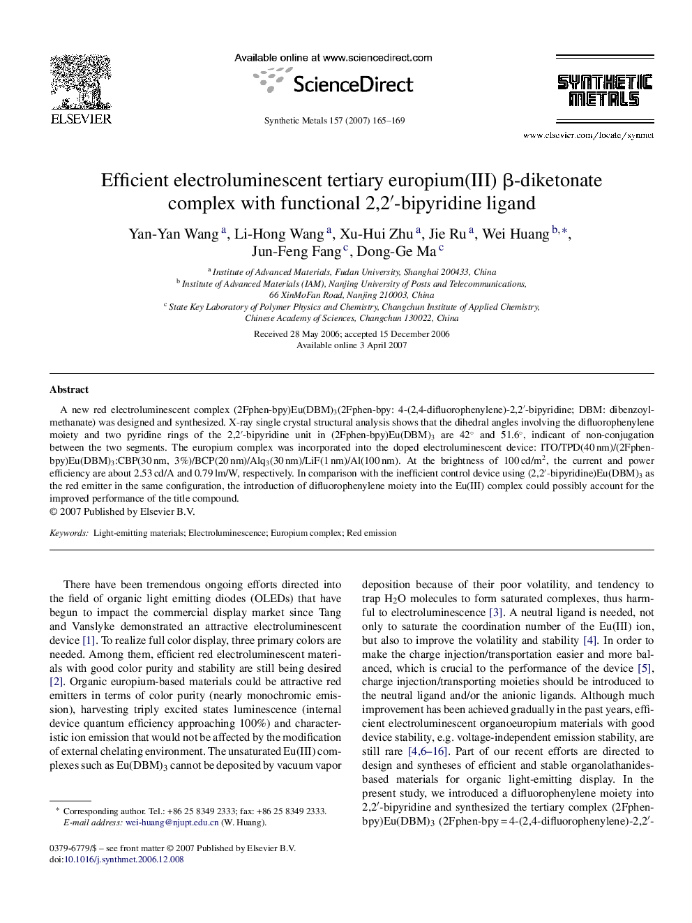 Efficient electroluminescent tertiary europium(III) Î²-diketonate complex with functional 2,2â²-bipyridine ligand