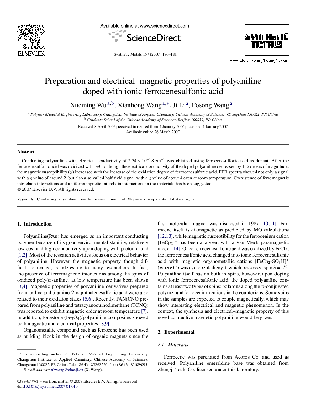 Preparation and electrical–magnetic properties of polyaniline doped with ionic ferrocenesulfonic acid