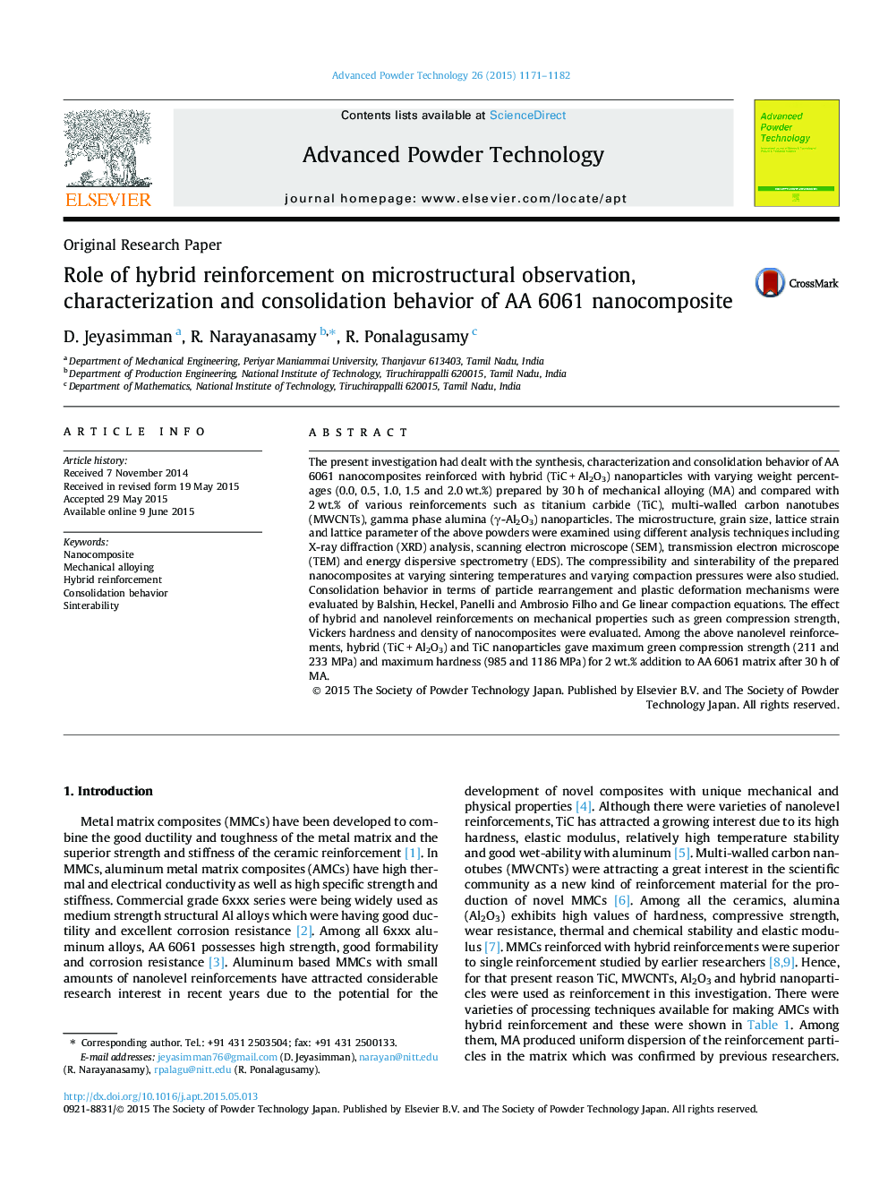 Role of hybrid reinforcement on microstructural observation, characterization and consolidation behavior of AA 6061 nanocomposite
