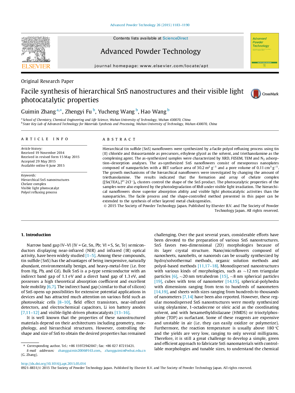 Facile synthesis of hierarchical SnS nanostructures and their visible light photocatalytic properties