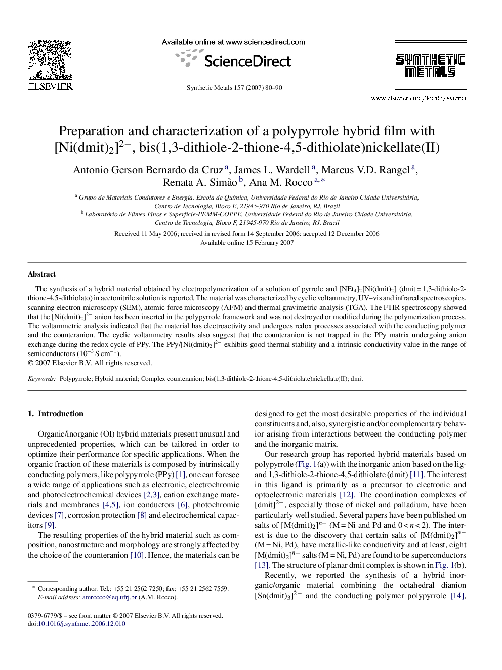 Preparation and characterization of a polypyrrole hybrid film with [Ni(dmit)2]2−, bis(1,3-dithiole-2-thione-4,5-dithiolate)nickellate(II)