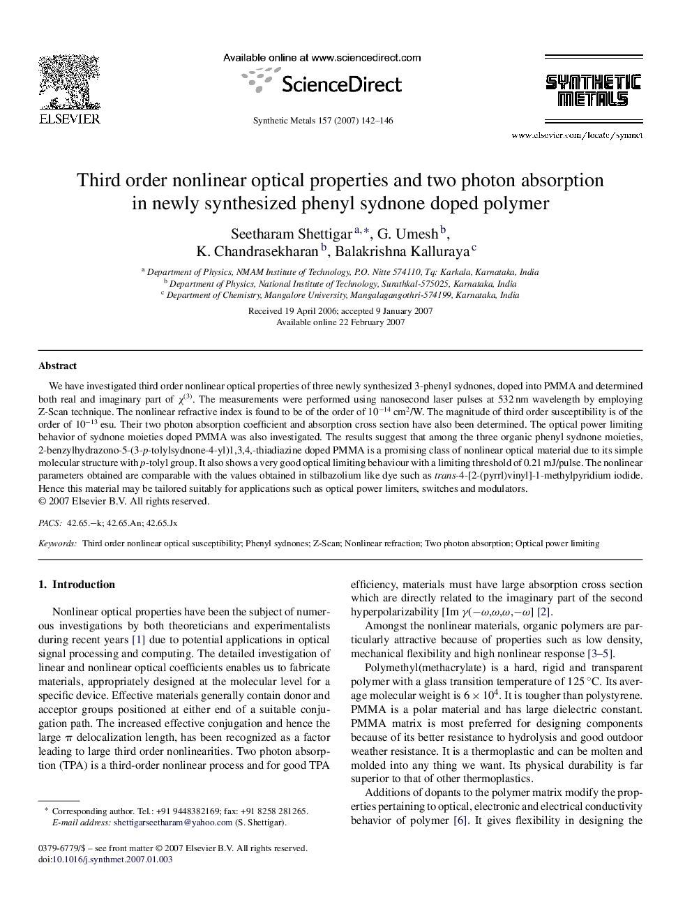 Third order nonlinear optical properties and two photon absorption in newly synthesized phenyl sydnone doped polymer