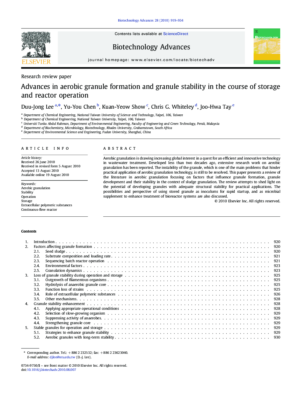 Advances in aerobic granule formation and granule stability in the course of storage and reactor operation