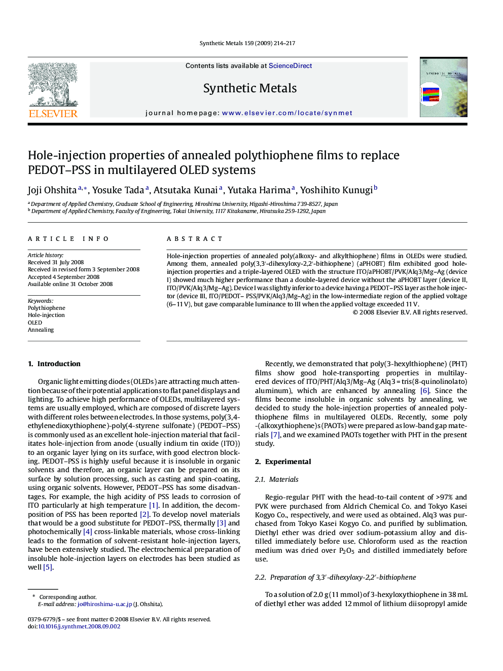 Hole-injection properties of annealed polythiophene films to replace PEDOT–PSS in multilayered OLED systems