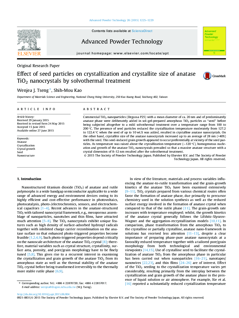 Effect of seed particles on crystallization and crystallite size of anatase TiO2 nanocrystals by solvothermal treatment