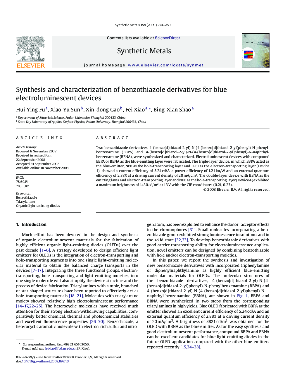 Synthesis and characterization of benzothiazole derivatives for blue electroluminescent devices