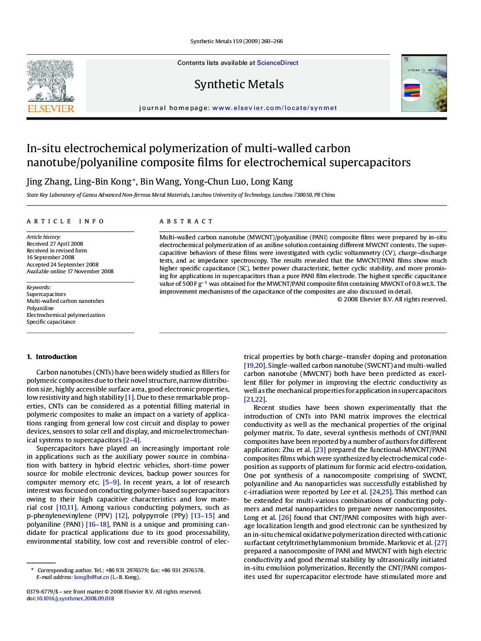 In-situ electrochemical polymerization of multi-walled carbon nanotube/polyaniline composite films for electrochemical supercapacitors